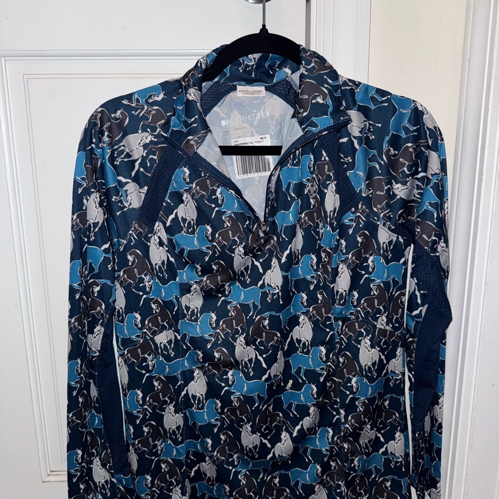 Ariat Blue Black White Horse Print Quarter-Zip Top - Picture 2 of 5